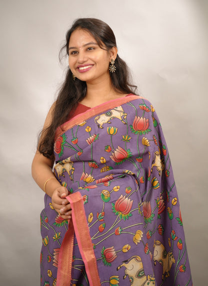 Lavender Kalamkari Nizam Border Chennur Silk Saree | Looms & Tassels