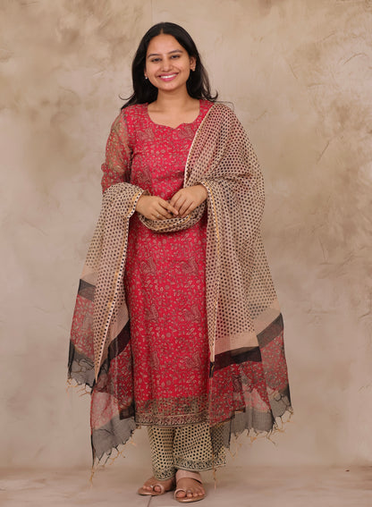 Pink Handblock printed kota 3 piece suit (stitched)