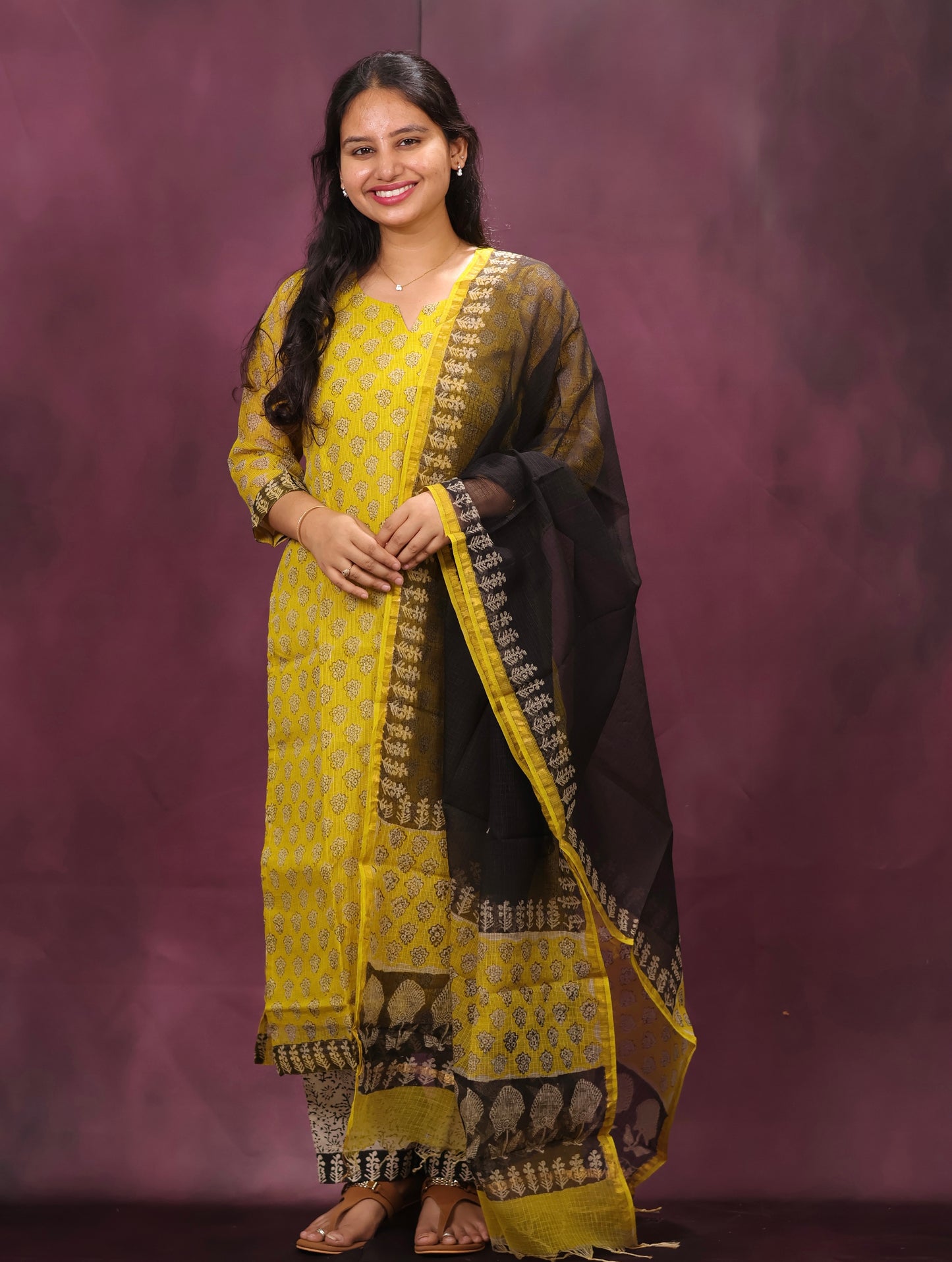 Yellow Handblock printed kota 3 piece suit (stitched)