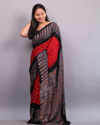 Red Hand Knotted Ajrakh Bandhej Modal Silk Saree | Looms & Tassels