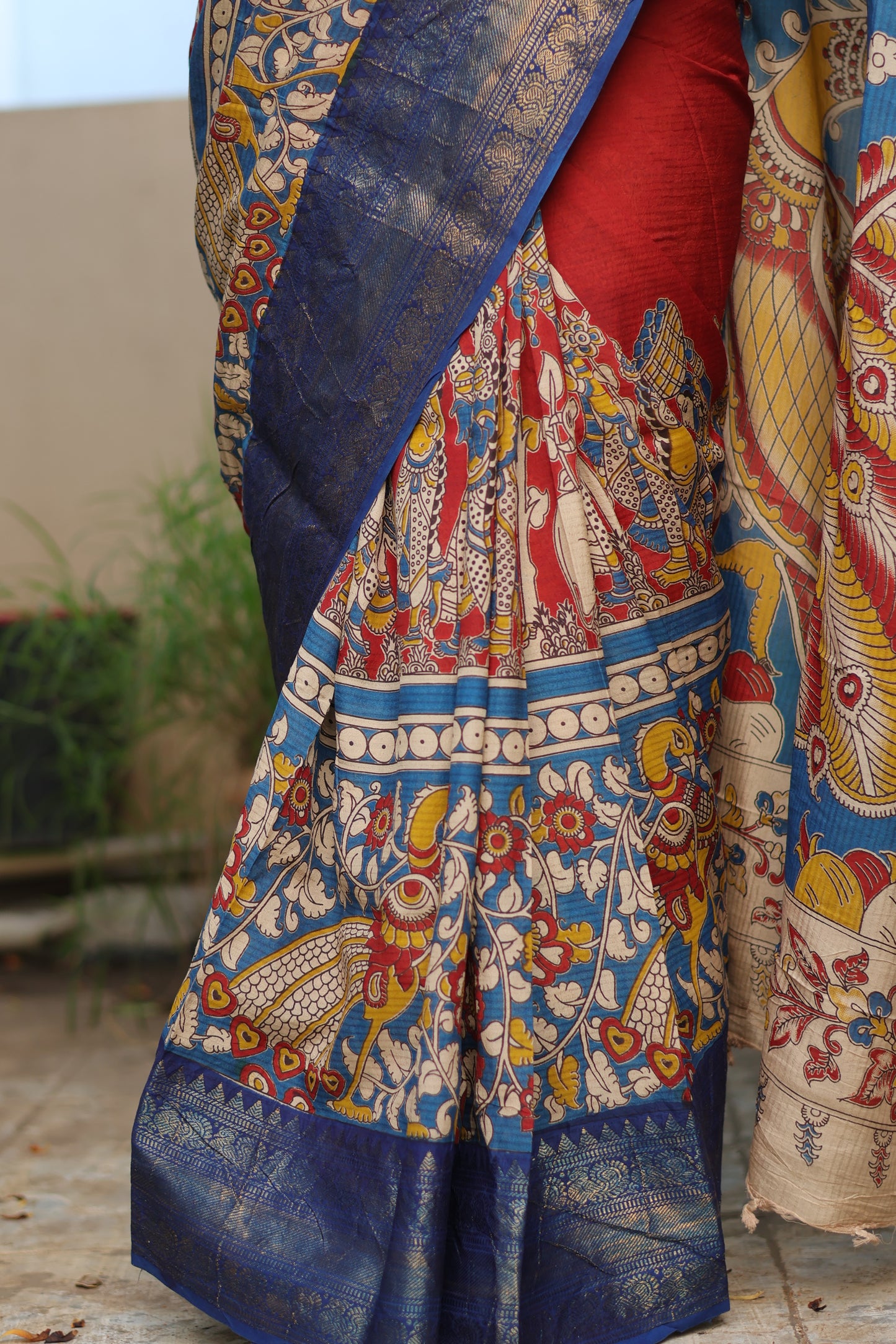 Red & Blue Madhubani Kalamkari Silk Handcrafted Kanchi Border Saree