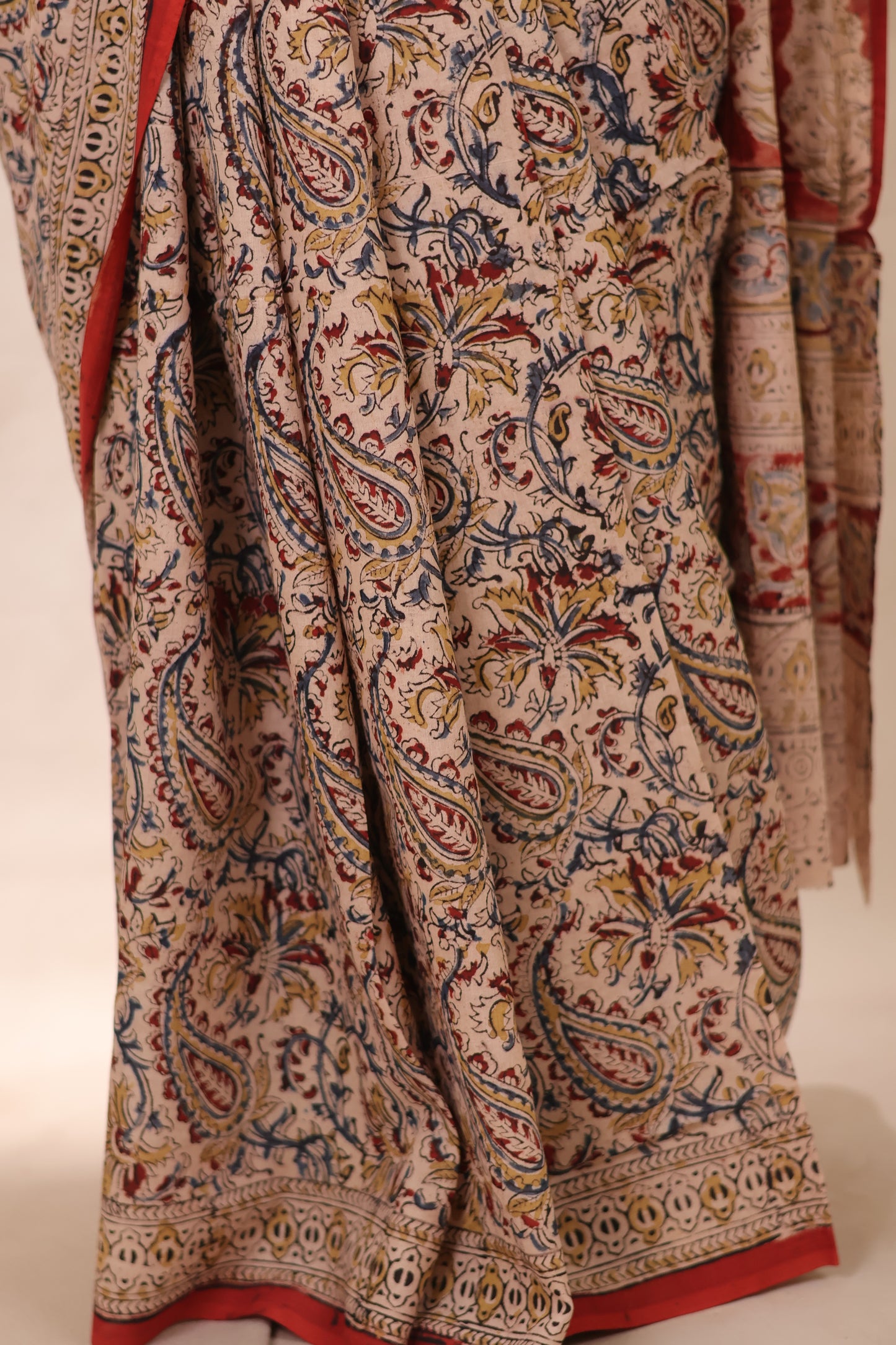 Cream Hand Block Printed Kalamkari Cotton Saree | Looms & Tassels
