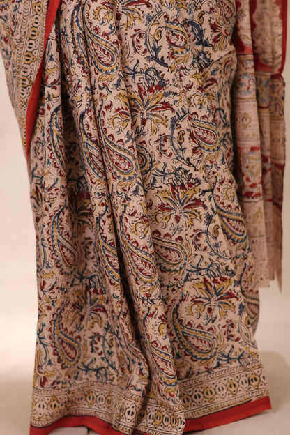 Cream Hand Block Printed Kalamkari Cotton Saree | Looms & Tassels