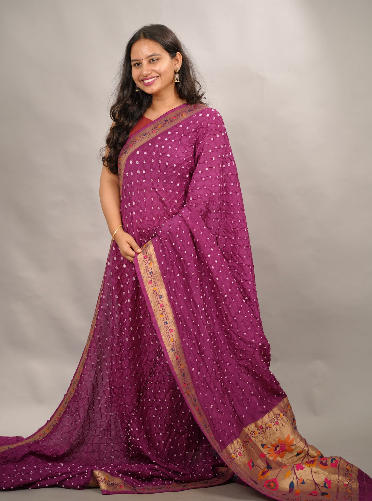 Magenta Handcrafted Bandhani Paithani Dola Silk Saree | Looms & Tassels