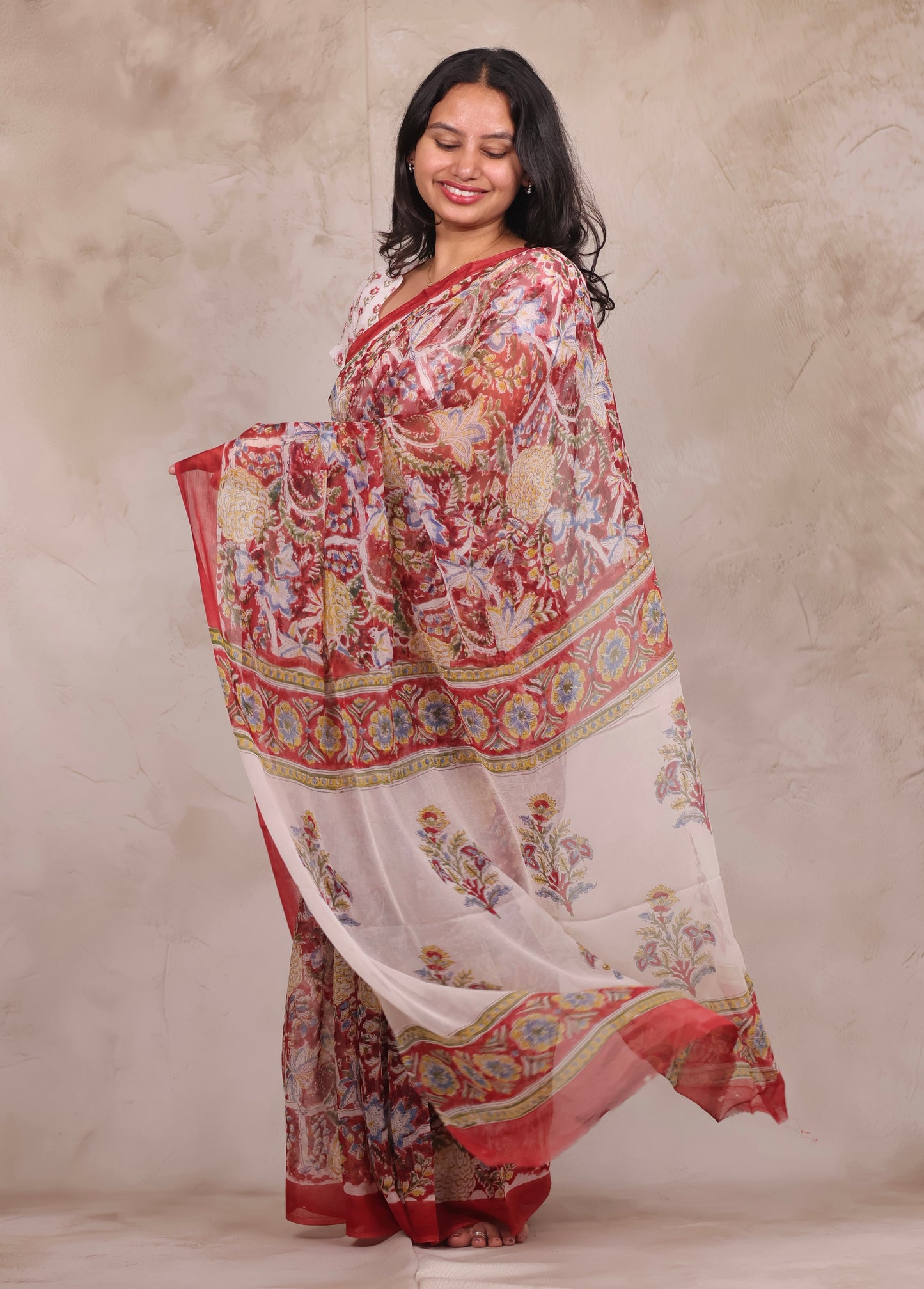 Red Chiffon Hand Block Printed Saree | Looms & Tassels