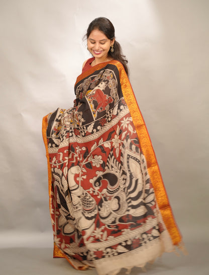 Black Kanchi border Kalamkari chennur silk saree | Looms & Tassels