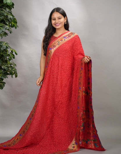 Red Handcrafted Bandhani Paithani Dola Silk Saree | Looms & Tassels