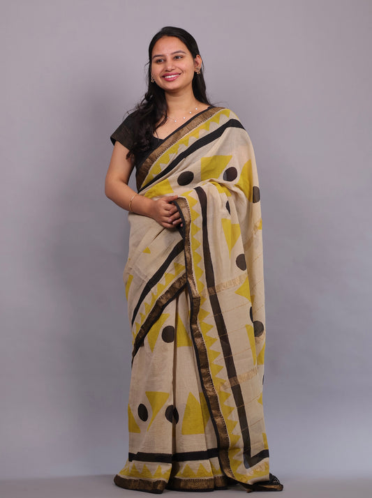 Cream Bagru Hand Block Printed Maheswari Silk Cotton Saree