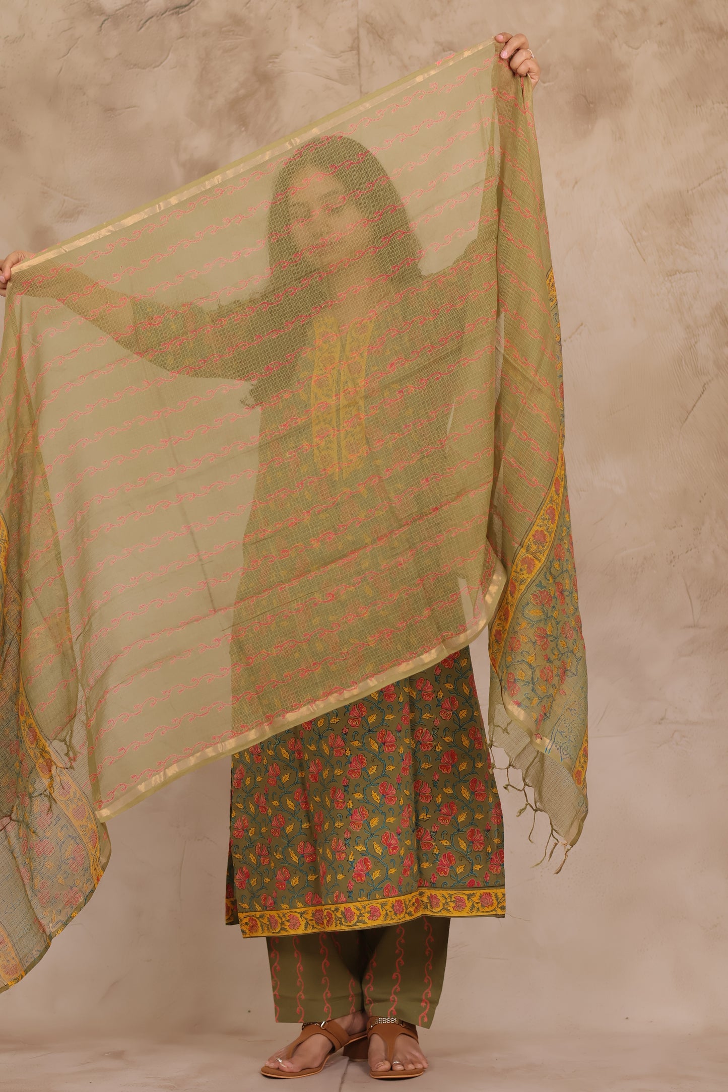 Mehendi Green Handblock printed Pure Mul Cotton with Kota Doria Duppata 3 piece suit (stitched)