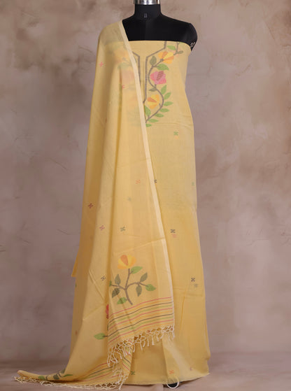 Pastel Yellow Handwoven Jamdhani weaving pure Malai cotton 2 piece suit sets | Looms & Tassels