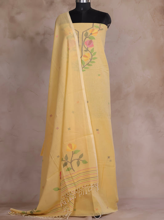 Pastel Yellow Handwoven Jamdhani weaving pure Malai cotton 2 piece suit sets | Looms & Tassels