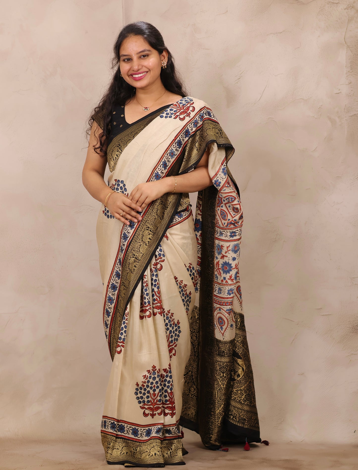 Cream Ajrakh Handblock printed Dola Silk Saree | Looms & Tassels