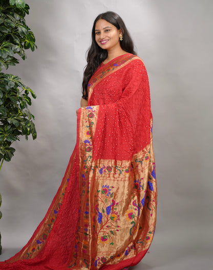 Red Handcrafted Bandhani Paithani Dola Silk Saree | Looms & Tassels