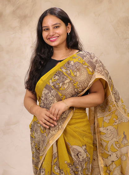 Yellow Kota Doria Saree with Kalamkari Handblock Prints | Looms & Tassels