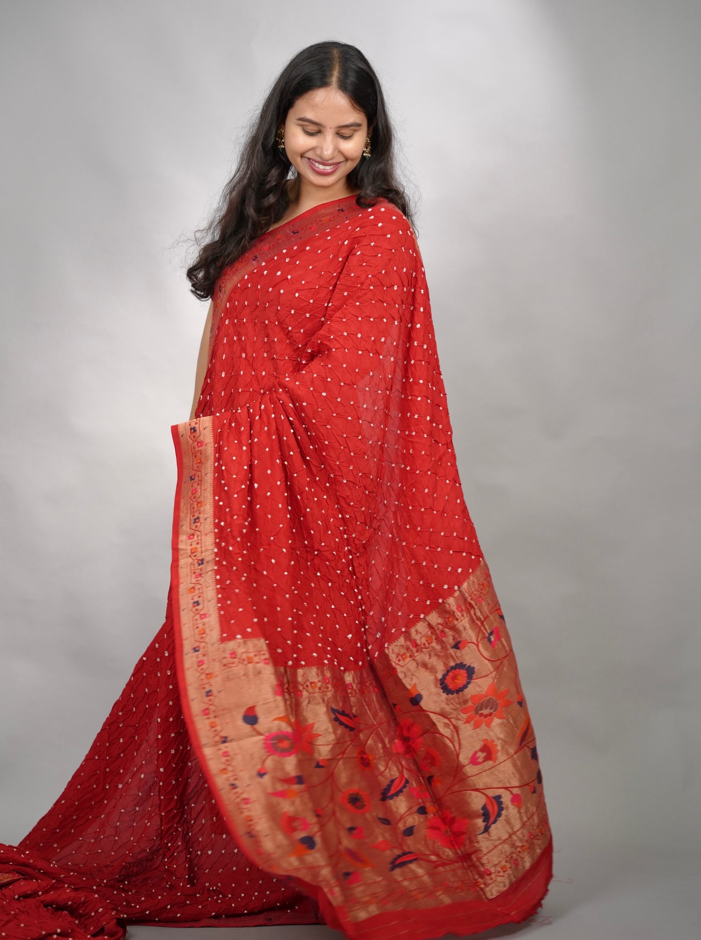 Red Handcrafted Bandhani Paithani Dola Silk Saree | Looms & Tassels