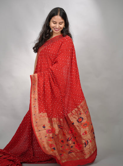 Red Handcrafted Bandhani Paithani Dola Silk Saree | Looms & Tassels