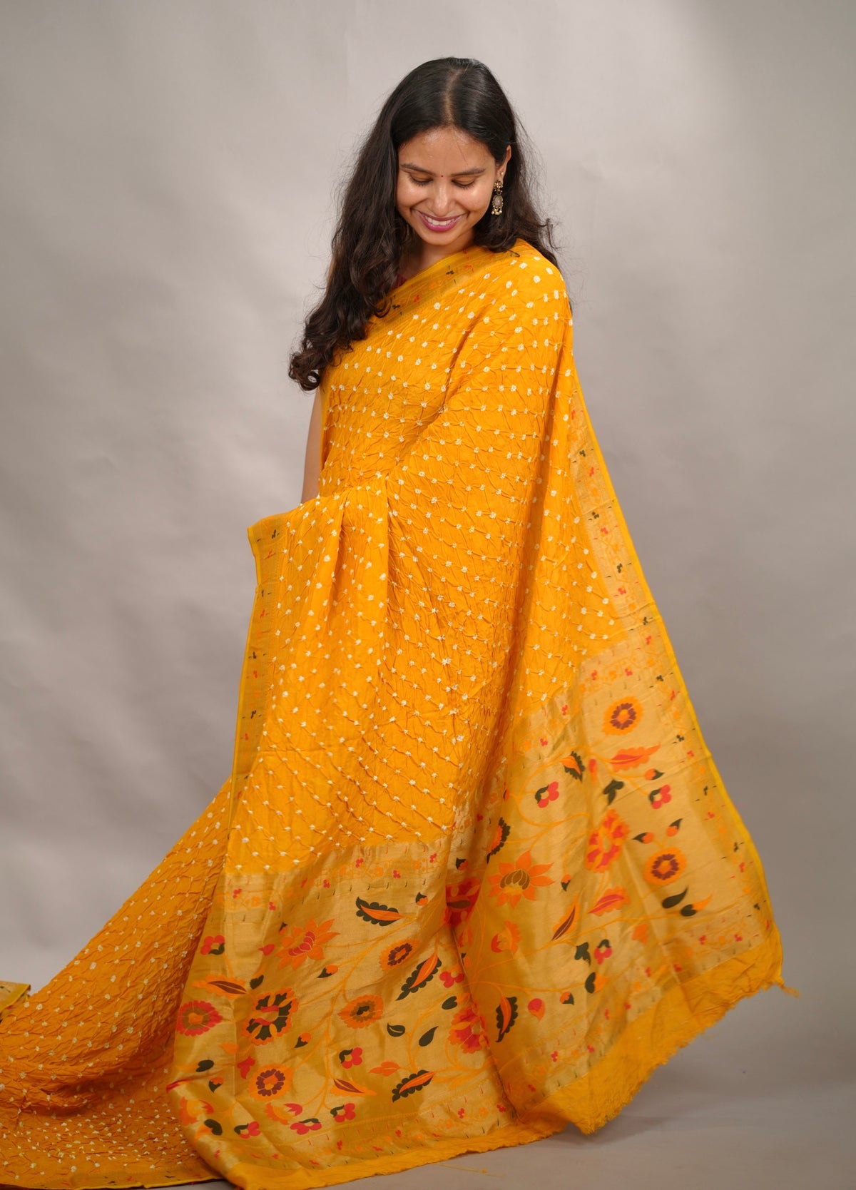 Yellow Handcrafted Bandhani Paithani Dola Silk Saree | Looms & Tassels