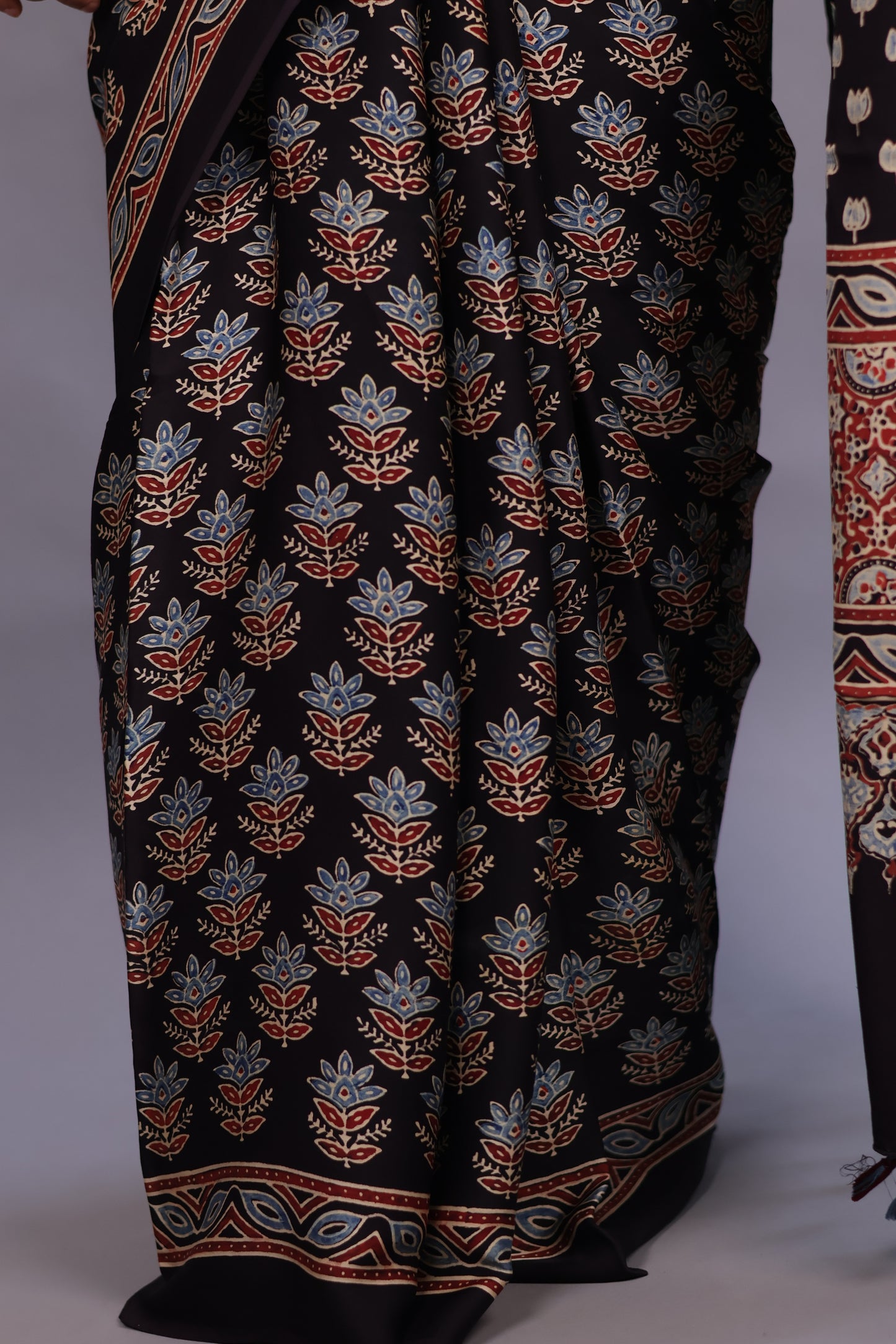 Black Authentic Ajrakh Handblock Printed Modal Silk Saree | Looms & Tassels