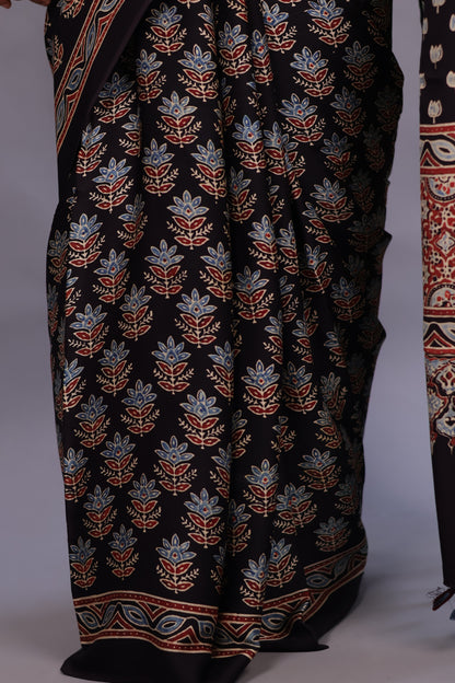 Black Authentic Ajrakh Handblock Printed Modal Silk Saree | Looms & Tassels