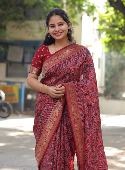 Maroon Traditional Ajrakh Dola Silk Saree