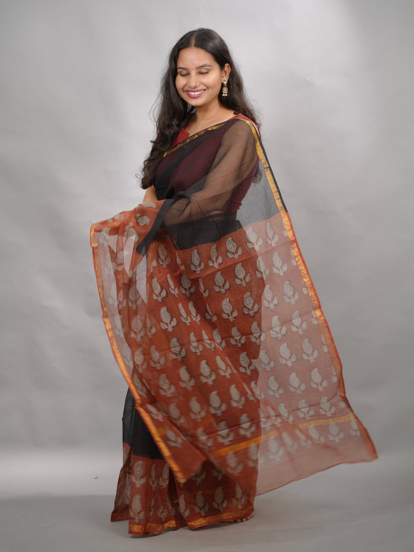 Black & Maroon Pure Kota Doria Saree with Bagru Handblock Prints | Looms & Tassels