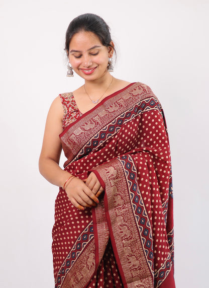 Ajrakh Dola Silk Saree