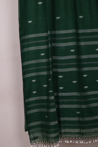 Green Pure Handwoven Malai Cotton Saree with Butta Weaving