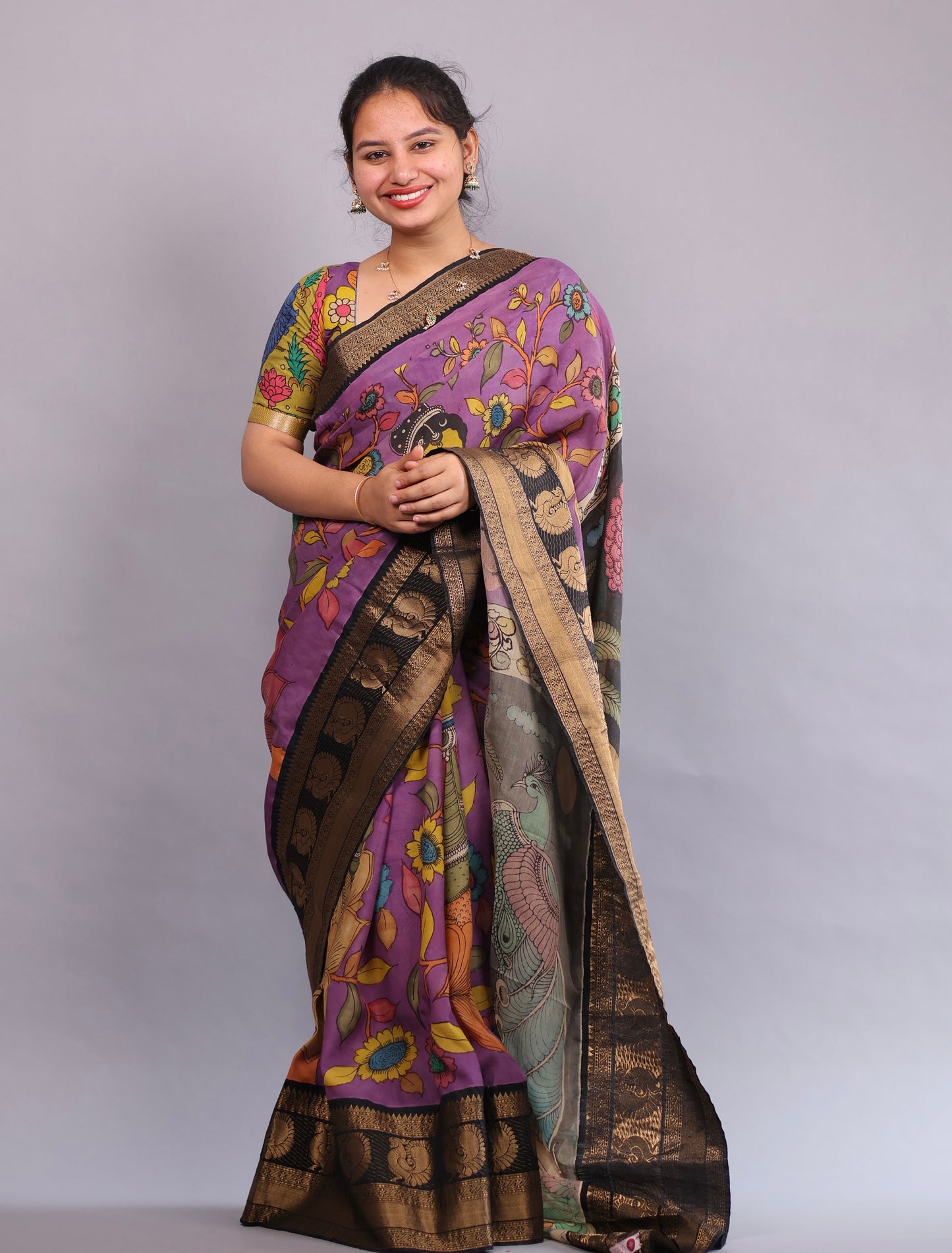 Lavender Hand Painted Pen Kalamkari Silk Saree