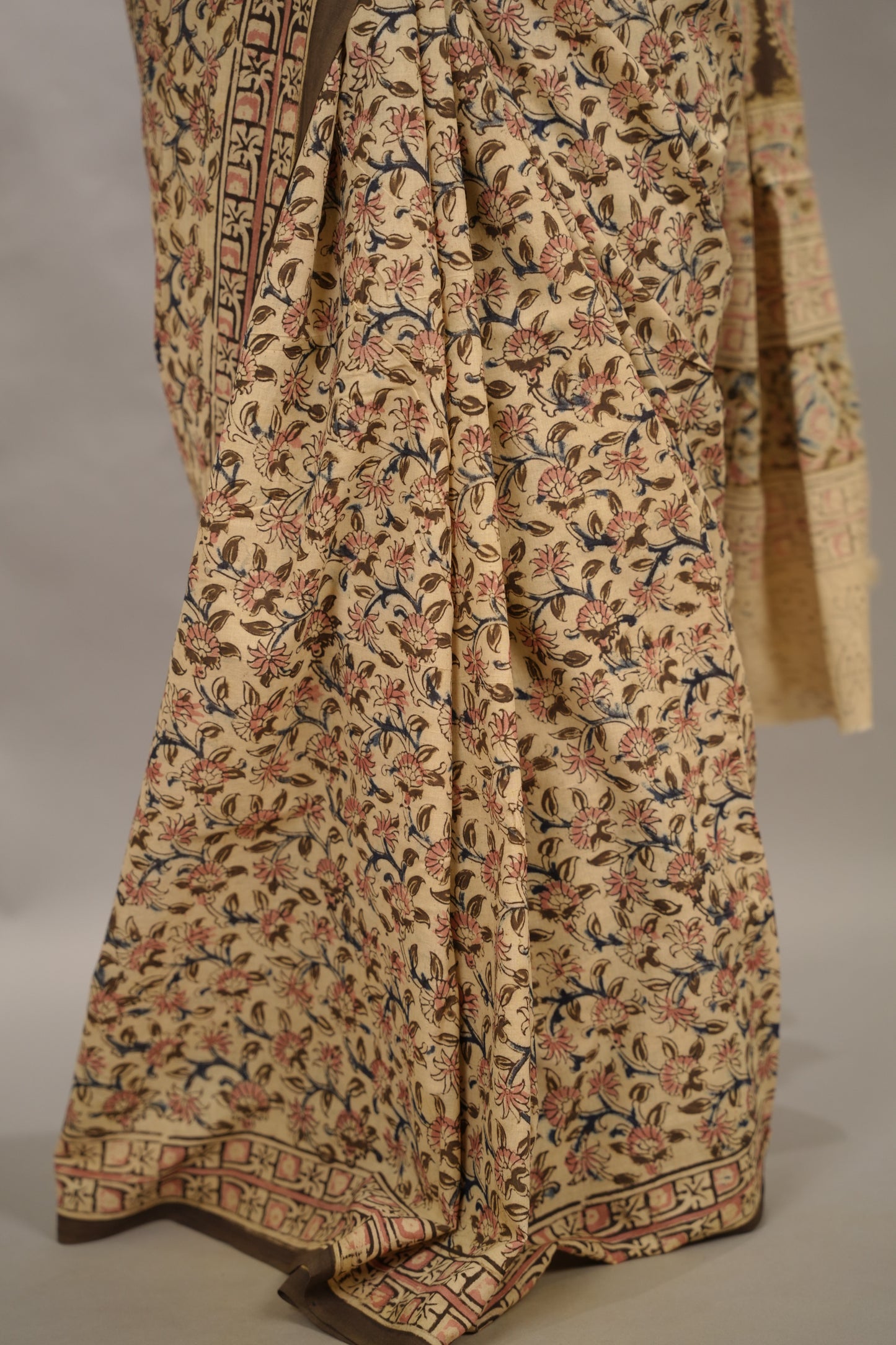 Cream Hand Block Printed Kalamkari Cotton Saree | Looms & Tassels