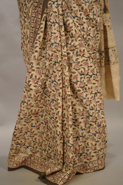 Cream Hand Block Printed Kalamkari Cotton Saree | Looms & Tassels