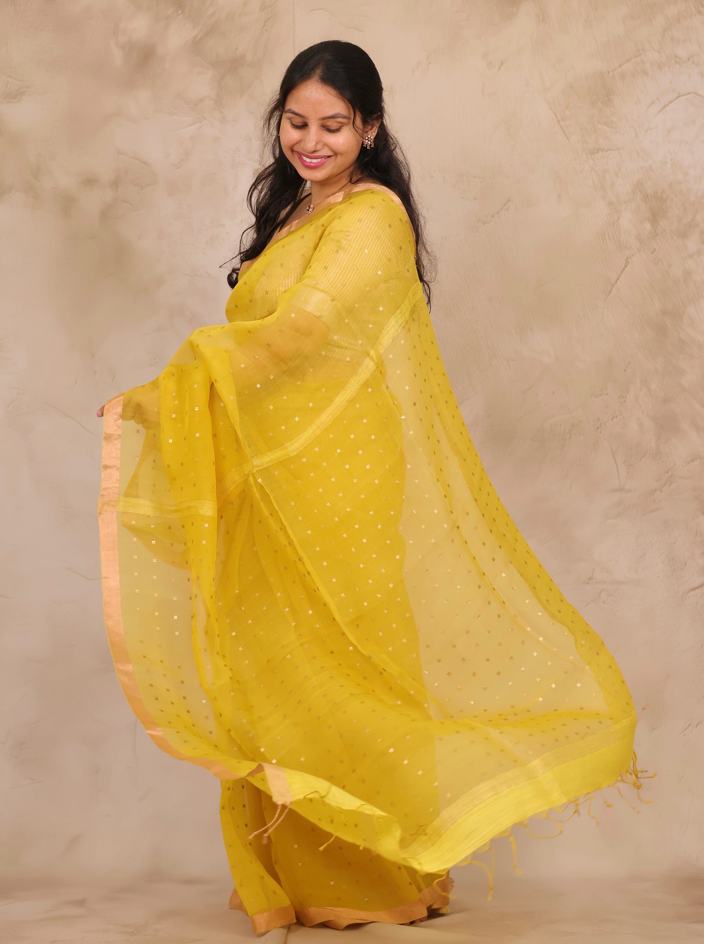 Mustard Handwoven Muslin Silk Saree With Sequence Work | Looms & Tassels