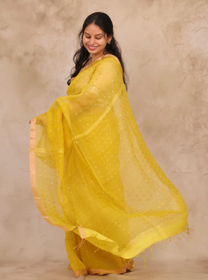 Mustard Handwoven Muslin Silk Saree With Sequence Work | Looms & Tassels