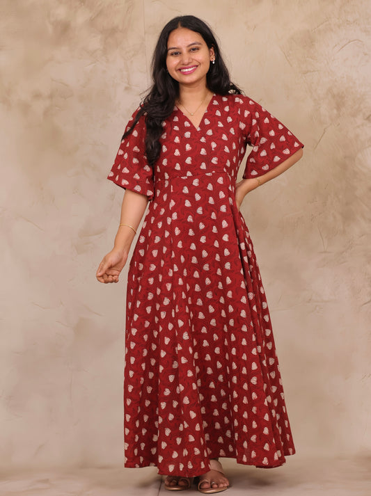 Rust Red Hand Block Printed Pure Mul Cotton Maxi Dress | Looms & Tassels