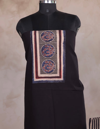 Black Ajrakh Handblock Printed Pure Cotton 2 Piece Suit Set | Looms & Tassels