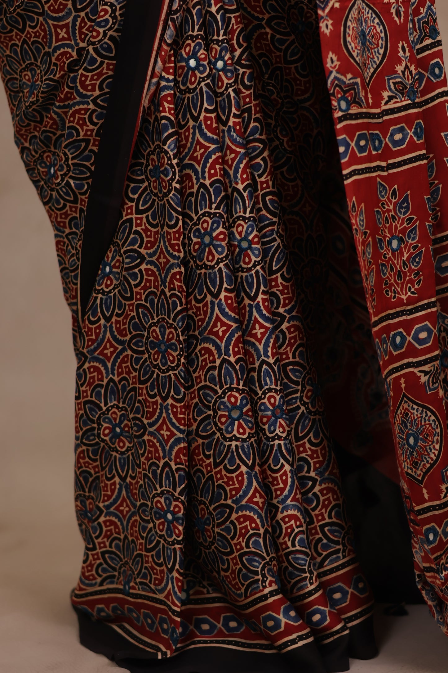 Red Handcrafted Ajrakh Modal Silk Saree with Authentic Banjara Mirror Work | Looms & Tassels