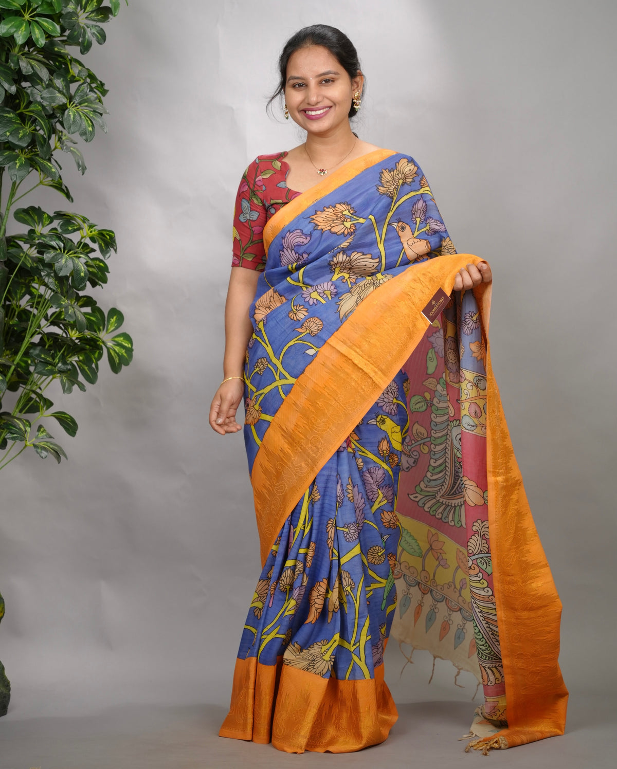 Blue Hand Drawn Pen Kalamkari Bangalore Silk Kanchi Border Saree | Looms & Tassels