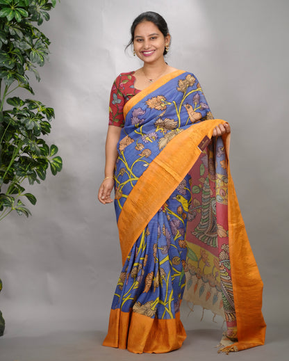 Blue Hand Drawn Pen Kalamkari Bangalore Silk Kanchi Border Saree | Looms & Tassels