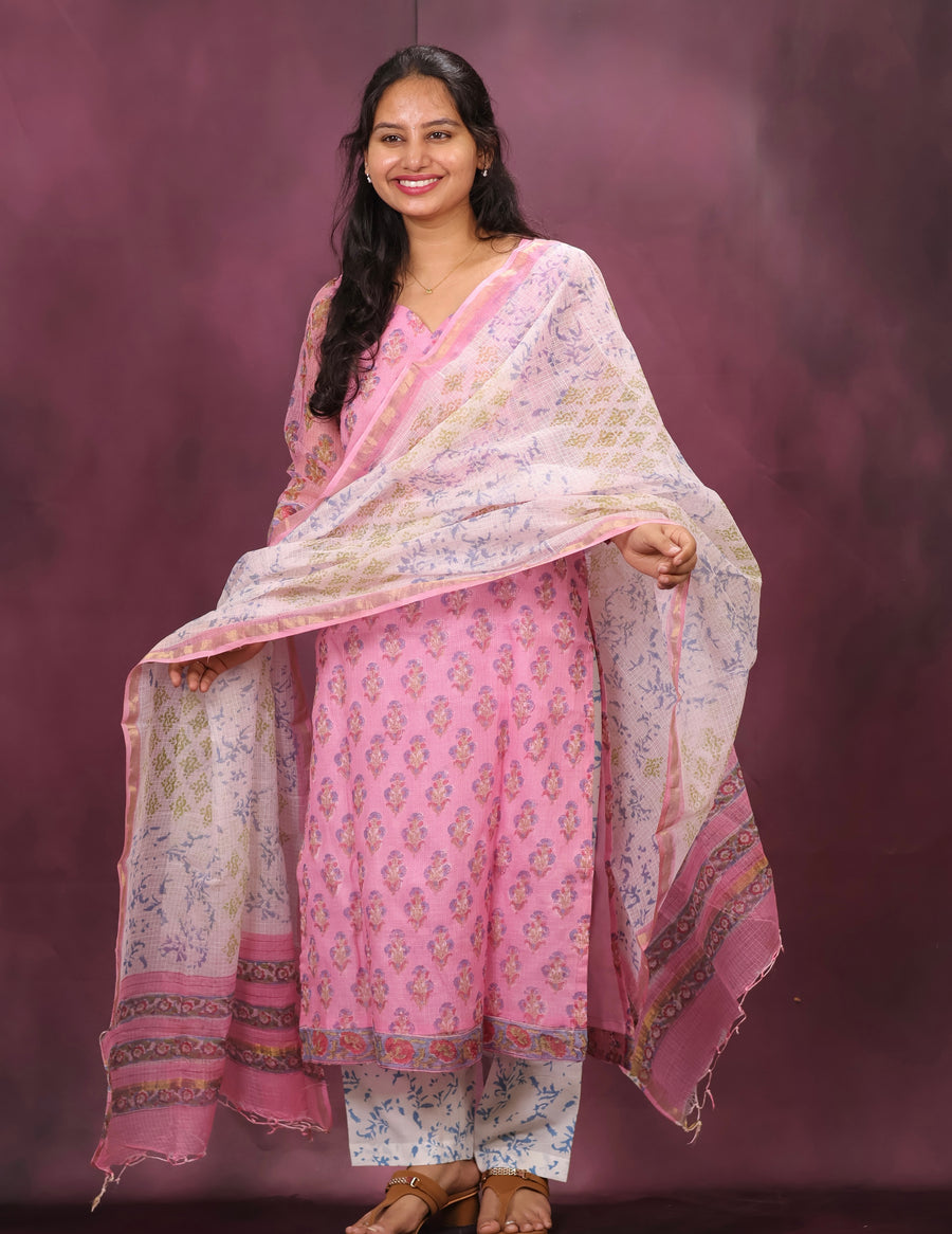 Pink Handblock printed kota 3 piece suit (stitched)