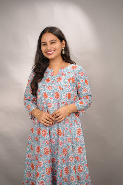 Ice Blue Pure Mul Cotton Kali Kurta  | Looms & Tassels