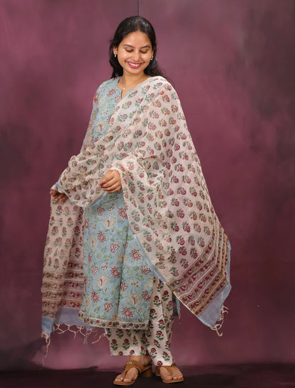 Sky Blue Handblock printed kota 3 piece suit (stitched)
