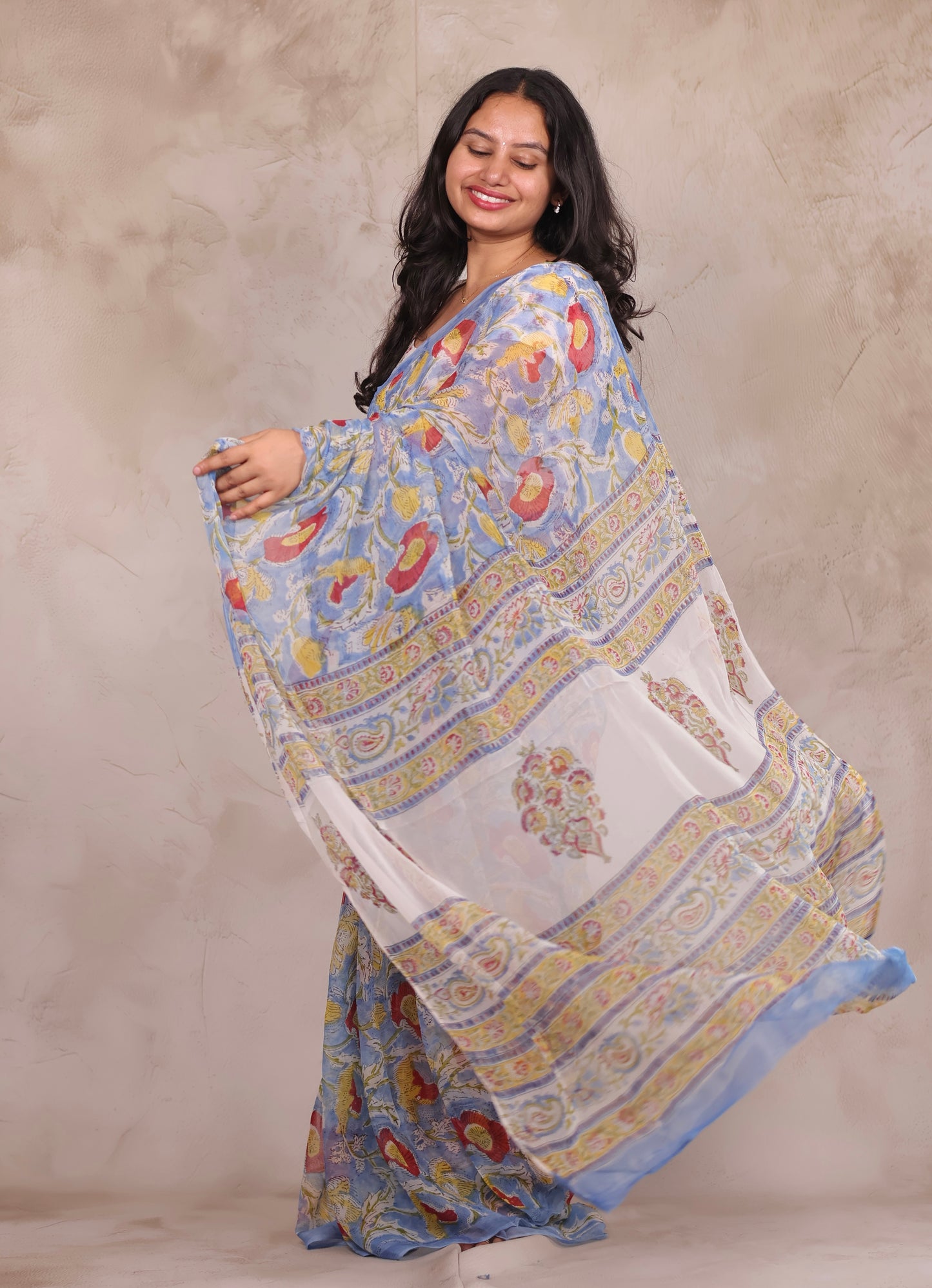 Ice Blue Chiffon Hand Block Printed Saree | Looms & Tassels