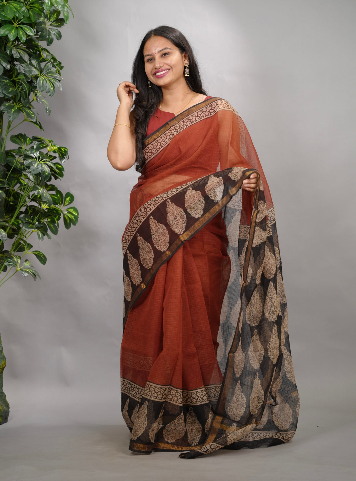 Maroon Pure Kota Doria Saree with Bagru Handblock Prints