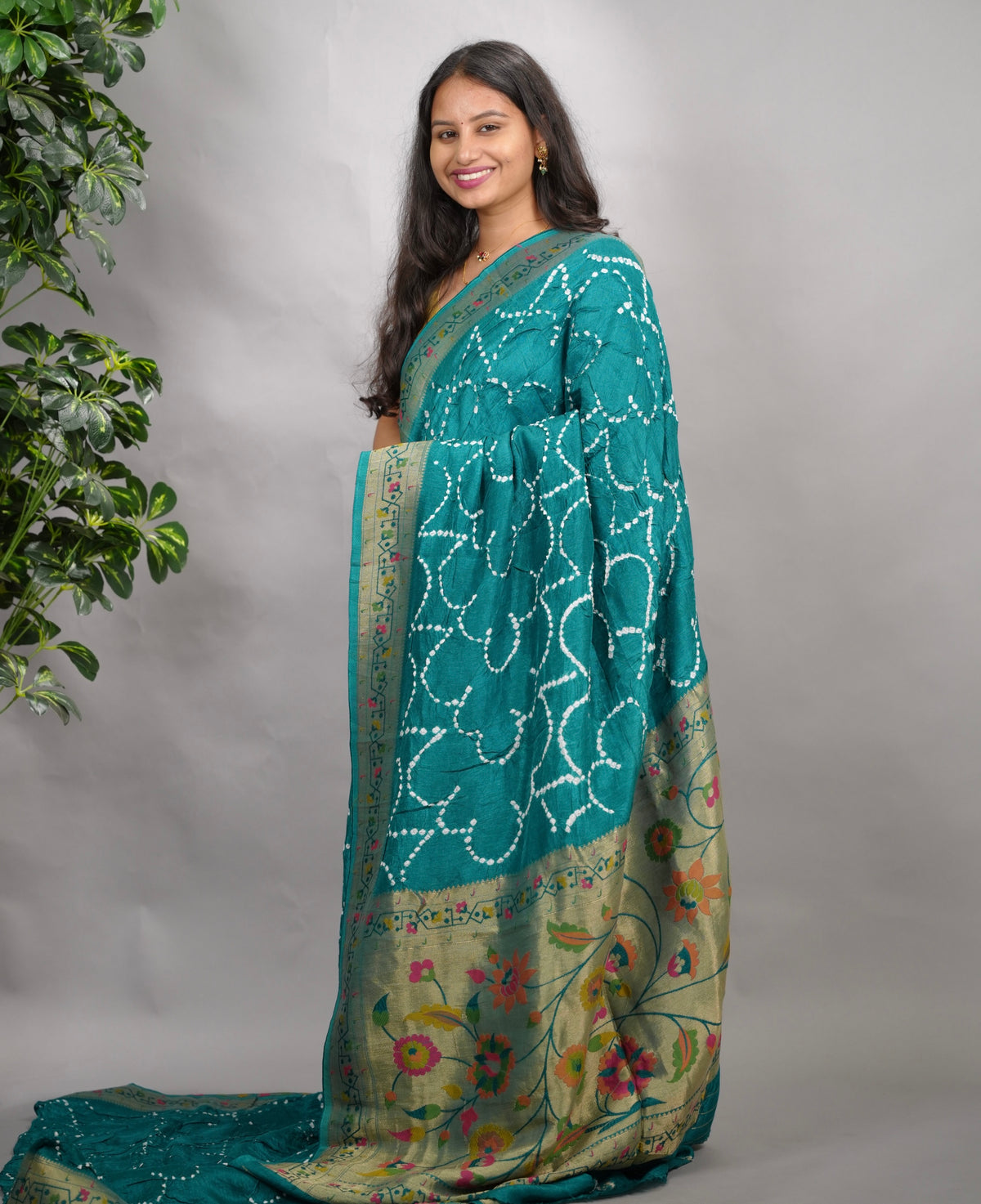 Blue Handcrafted  Pattern Bandhani Paithani Dola Silk Saree | Looms & Tassels