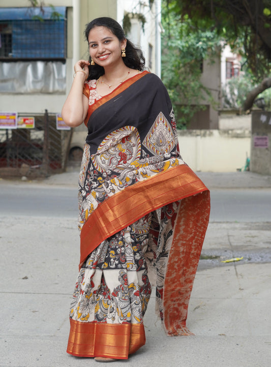 Black Kanchi Border Kalamkari Chennur Silk Saree
