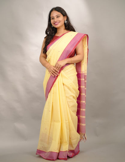 Cream Handloom Venkatagiri Cotton Saree Without Blouse | Looms & Tassels