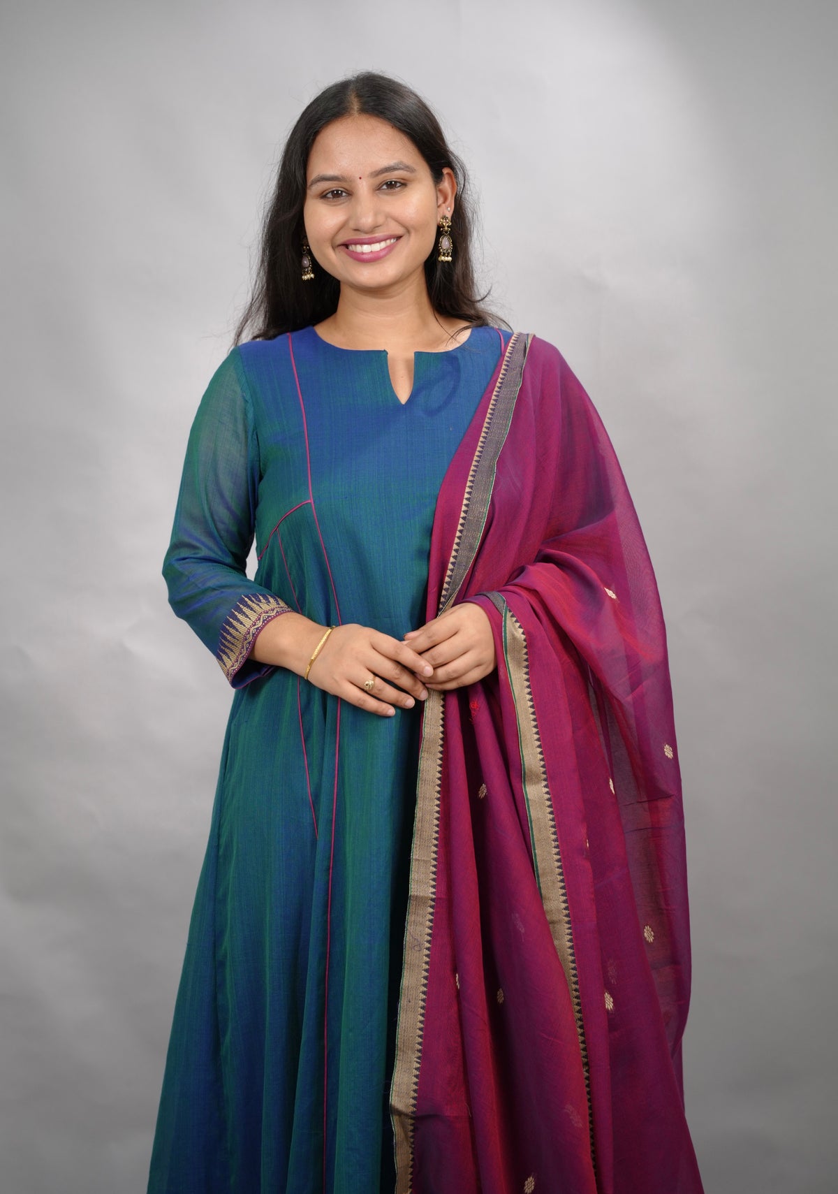 Rama Blue Narayanpet Cotton Anarkali Dress with Magenta Narayanpet Dupatta | Looms & Tassels