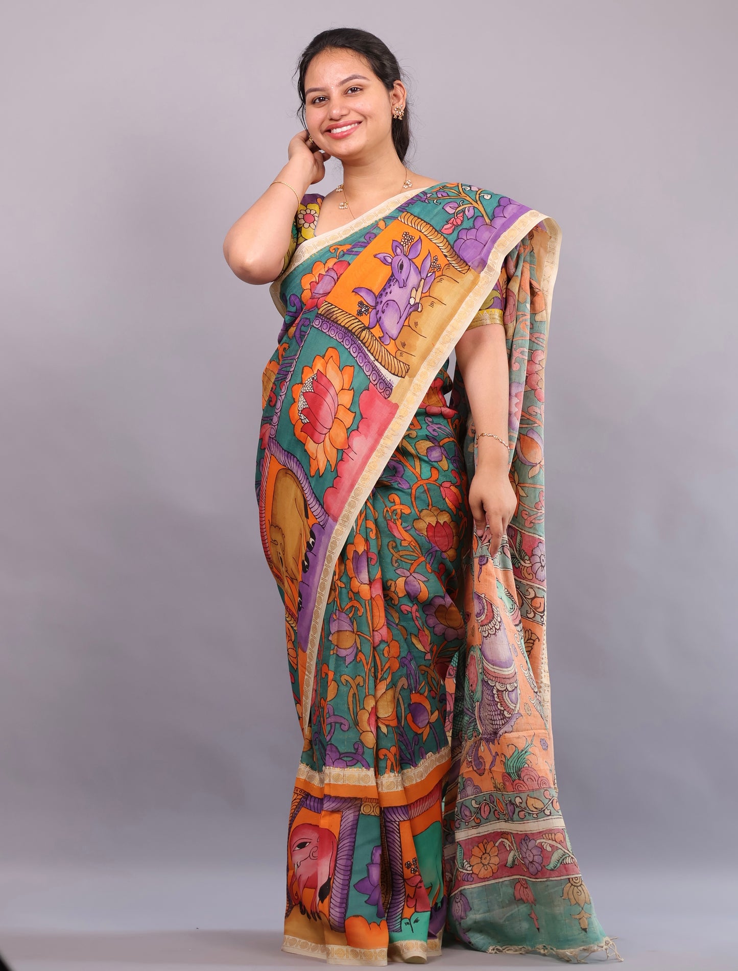 Sea Green Hand Painted Pen Kalamkari Bangalore Silk Saree with Sungdi Borders