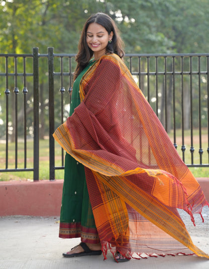 Green Narayanpet Cotton Anarkali Dress with Narayanpet Dupatta | Looms & Tassels