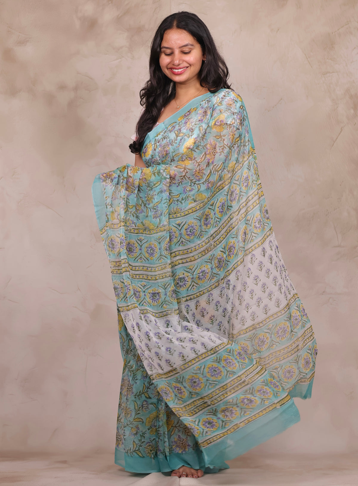 Ice Blue Chiffon Hand Block Printed Saree | Looms & Tassels