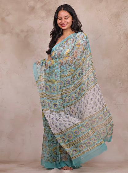 Ice Blue Chiffon Hand Block Printed Saree | Looms & Tassels